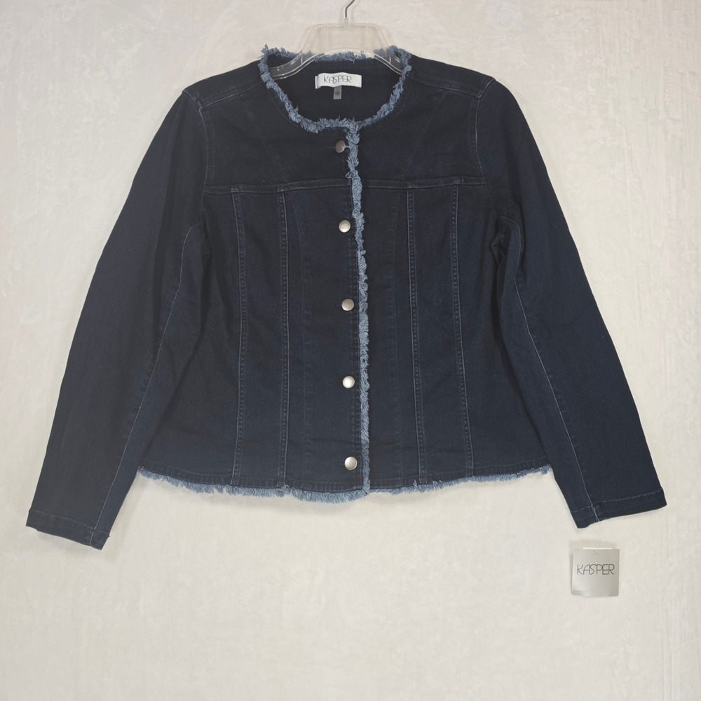 Kasper Women's Denim Jacket Large Dark Wash Frayed Trim Collarless NWT